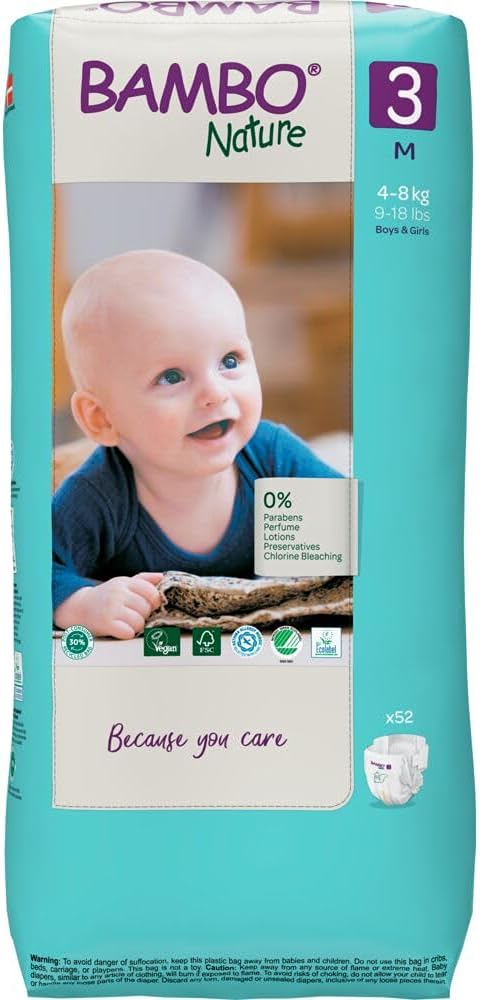 Bambo Nature Hypoallergenic Baby Diapers, Eco-Labeled Diapers, Enhanced Leakage Protection, Totally Chlorine-Free, Skin Friendly, and Super Absorbent - Size 3 (52 Count)
