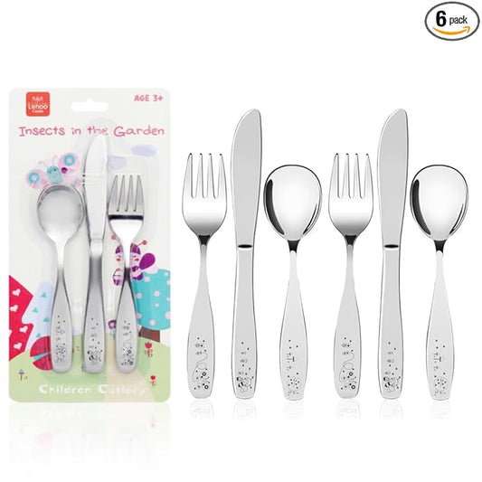 Lehoo Castle Toddler Silverware 6-Piece | Toddler Utensils for 3 Year Old, Kids Spoons and Forks Knife Set, Children Safe Flatware for Self Feeding (Insect)