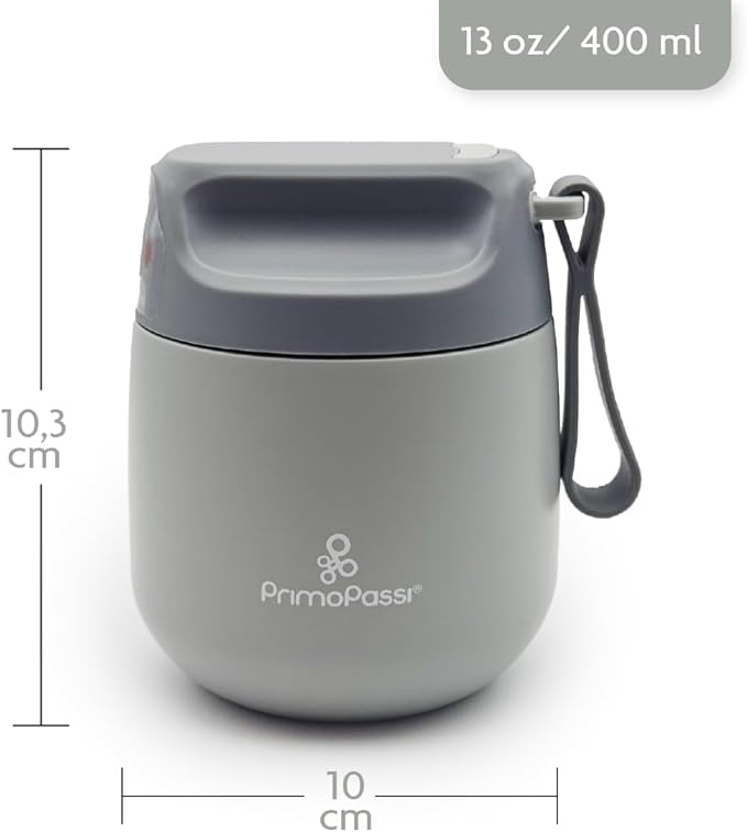 Primo Passi Insulated Food Jar for Kids & Babies – 12 oz / 350 ml Stainless Steel Thermal Food Container with Easy-Open Lid & Silicone Carry Strap – Keeps Food Hot or Cold for Up to 8 Hours (Grey)