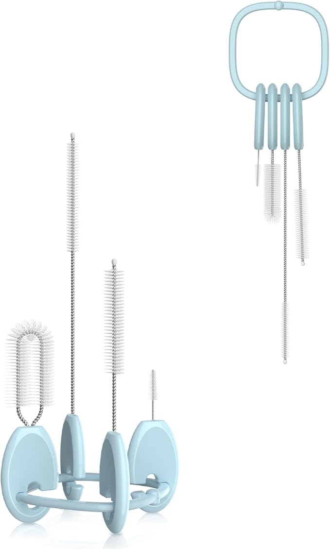 YOTIME 4 in 1 Straw Cleaner Brush Set, Reusable Standing Straw Brushes with Holder Ring, for Baby Bottles, Sippy Cups and Lids, Blue