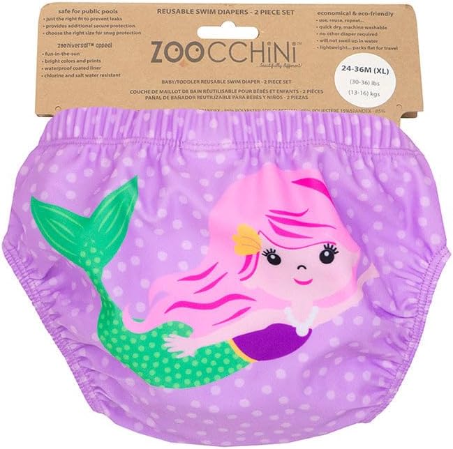 ZOOCCHINI Baby & Toddler Pack of 2 Reusable Swim Diapers – Waterproof with UPF 50+ Sun Protection, Chlorine & Salt Water Resistant, Leakproof Design, Mermaid - 24-36 Months