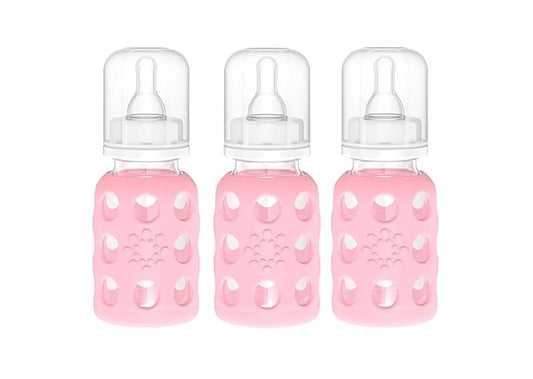 Lifefactory Glass Baby Bottle BPA Free | Protective Silicone Sleeve | 4 oz Pack of 3 | Pink