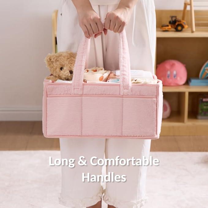luxury little Soft Baby Diaper Caddy Organizer, Nursery Storage Basket with Removable Divider, Portable Baby Diapers Basket, Gifts for New Parent, Baby Shower (Light Pink)