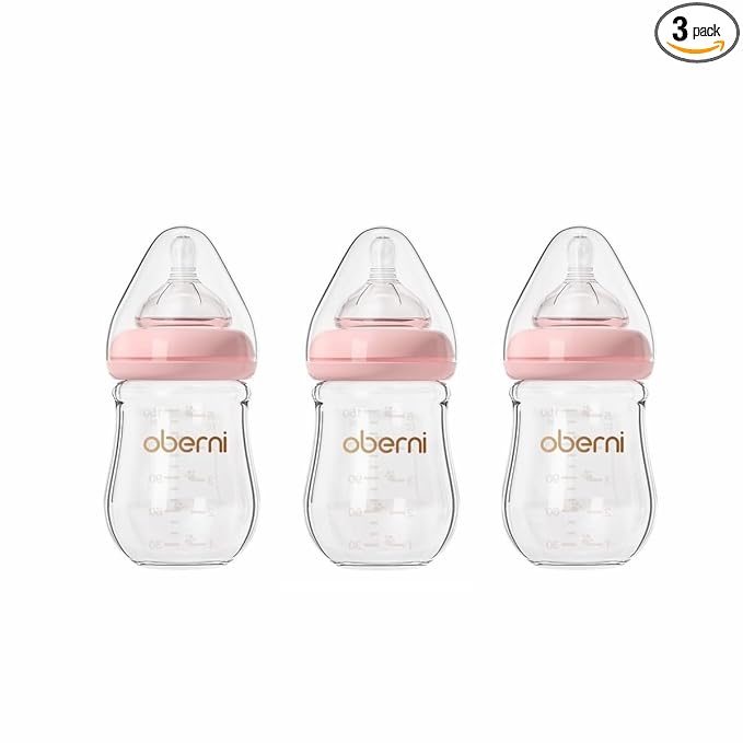 Oberni Glass Baby Bottles,Anti Colic Breastfeeding Bottle with Natural Response Nipple Size S,Wide Neck Slow Flow Baby Bottle for Baby,Newborn,Preemie 0-3 0-6 Month,BPA Free (Pink, 5 Ounce，3 Pack)
