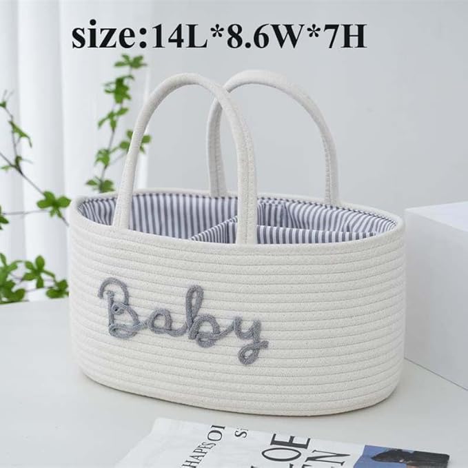 Diaper Caddy Organizer for Changing Table, Cotton Rope Baby Storage Basket for Diaper Wipes, Car Caddy Organizer, Nursery Diaper Organizer With Divider, Portable Diaper Storage -White