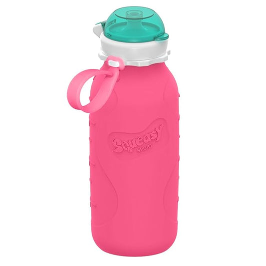 Pink 16 oz Squeasy Snacker Spill Proof Silicone Reusable Food Pouch - for Both Soft Foods and Liquids - Water, Apple Sauce, Yogurt, Smoothies, Baby Food - Dishwasher Safe