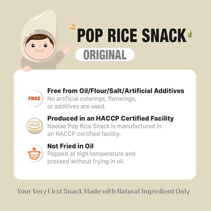 Naeiae Pop Rice Snack for Babies & Toddlers (100% Korean Rice, Naturally Gluten-Free, No Oil) Wholesome Baby Teether Food, Nutritious Finger Snacks for 6 Months to 2 Years, 5-Pack