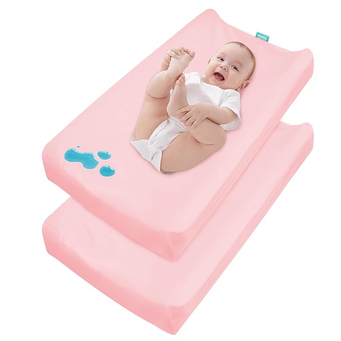Changing Pad Cover Waterproof, 2 Pack Diaper Change Table Sheets for Baby Boys Girls, Fitted Cradle Sheets for 32"x16" Contoured Pad, Breathable & Ultra Soft, Pink