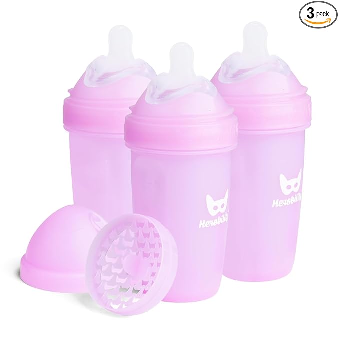 Herobility Anti-Colic Baby Bottles 8.5 fl oz/240ml - Pack of 3 Plastic Baby Bottles, Medium Flow Plastic Bottles, Breast-Shaped Teat for Breastfed Babies, Small Baby Bottles, Swedish Design, Purple