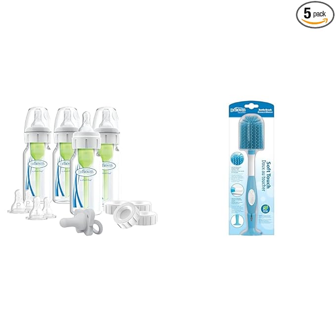 Dr. Brown's Anti-Colic Breast to Bottle Feeding Set with Slow Flow Nipples, Travel Caps, and Silicone Pacifier - Gray & Soft Touch Bottle Brush, Blue