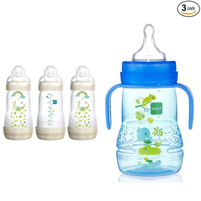 MAM Easy Start Anti-Colic Bottle, Baby Essentials, Medium Flow Bottles with Silicone Nipple & Plastic Trainer Cup (1 Count), Trainer Drinking Cup with Extra-Soft Spout, Spill-Free Nipple