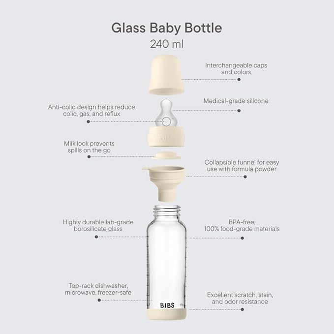 BIBS Baby Glass Bottle. 8 US fl oz / 240 ml. Anti-Colic. Vented Round Silicone Nipple. Supports Natural Breastfeeding, Medium Flow, Complete Set - Ivory
