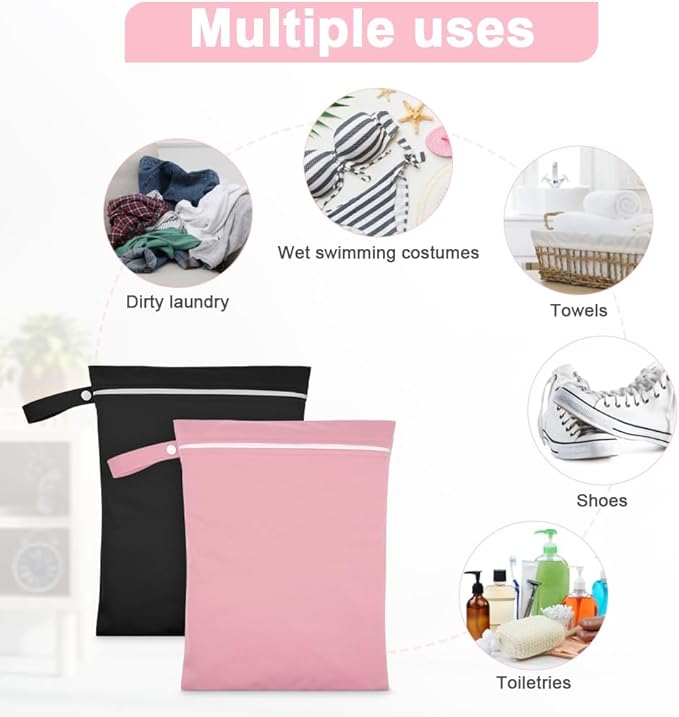 2PCS Wet Bags, Reusable Cloth Diaper Bags with Handle and Zipper, Lightweight Waterproof Travel Laundry Bag, Washable Wet Dry Bag for Baby Items Travel Beach Swimming Gym Camping(Black&Pink)