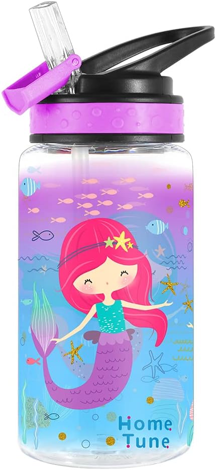 15oz Water Bottle for Kids Girls Boys School, BPA Free, Leak Proof Flip Straw, Carry Loop, Easy Clean - Mermaid