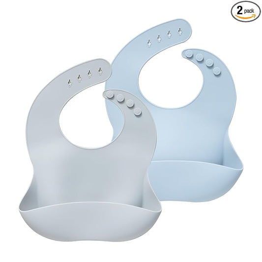 Moonkie Silicone Baby Bibs Set of 2, BPA Free Waterproof Baby Bibs for Eating, Soft Adjustable Silicone Bibs for Babies 6-12 Months, Toddler Bibs with Large Pocket Food Catcher (Light Grey/Blue Fog)