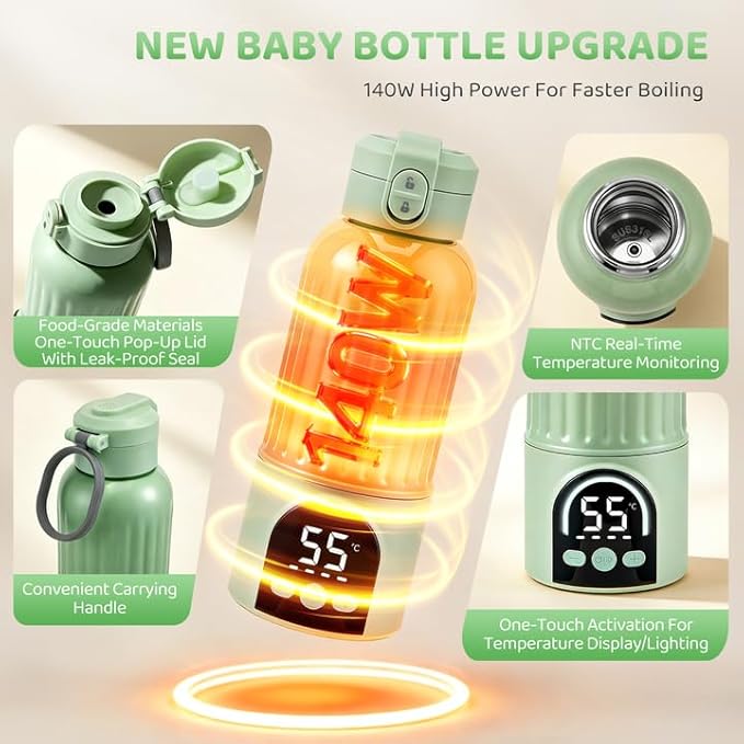 Portable Bottle Warmer for Travel, 12000mAh Rechargeable Baby Bottle Warmer, Instant Breastmilk Large 17oz Capacity, Precise Temperature Control(77–131°F) for Travel, Outdoor - Fast 2.5 Min Heating