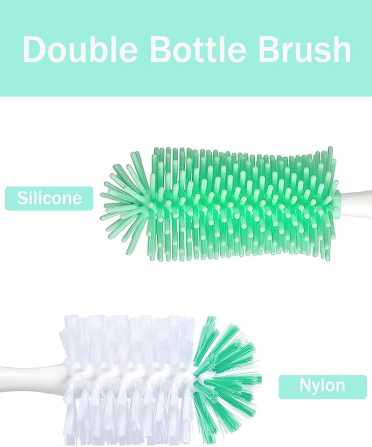 Baby Bottle Brush, 5 in 1 Bottle Cleaner Brush Set with Nylon and Silicone Bottle Brush, Straw Brush, Bottle Brush with Nipple Cleaner and Suction Cup, Cup Lid Cleaner Brushes Kit, BPA-Free (Green)