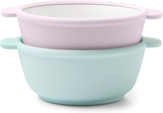 Ello Clean Start Toddler Bowls 2 Pack | Ceramic Kids/Baby Bowls with Silicone Sleeves | BPA-Free, Plastic-Free | Microwave & Dishwasher Safe | High Chair Friendly, Stackable | Dewdrop/Sugarplum