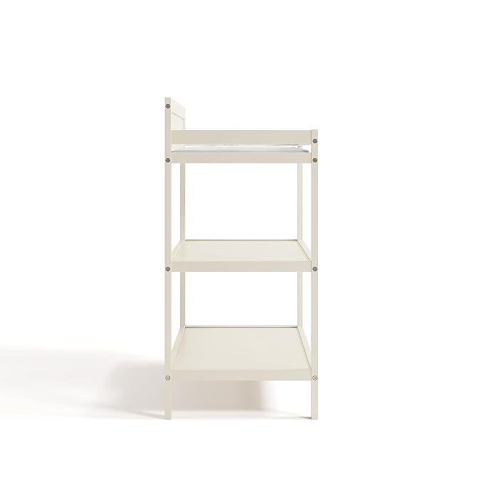 Storkcraft Alpine Changing Table (Frosted Oat) - Includes Water Resistant Changing Pad with Safety Strap, 2 Open Shelves for Storage
