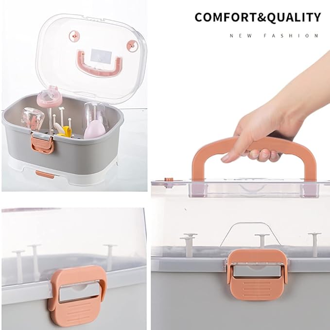 Baby Bottle Drying Rack Storage, Large Nursing Bottle Storage Box Organizer with Cover, Portable Kitchen Cabinet Organizer, Easy to Clean Drainer, Grey