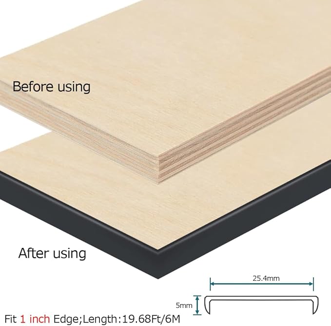 U Shape Edge Banding, Fit 1 inch Edge, Plywood Edge Protector, Self-Adhesive Edge Trim for Veneer, Furniture, Cabinets, Countertop, Shelves, Table, Marble; Black, 20Ft