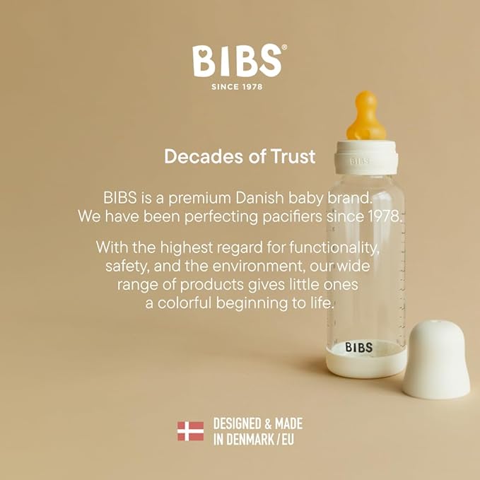 BIBS Baby Glass Bottle. 8 US fl oz / 240 ml. Anti-Colic. Vented Round Silicone Nipple. Supports Natural Breastfeeding, Medium Flow, Complete Set - Ivory