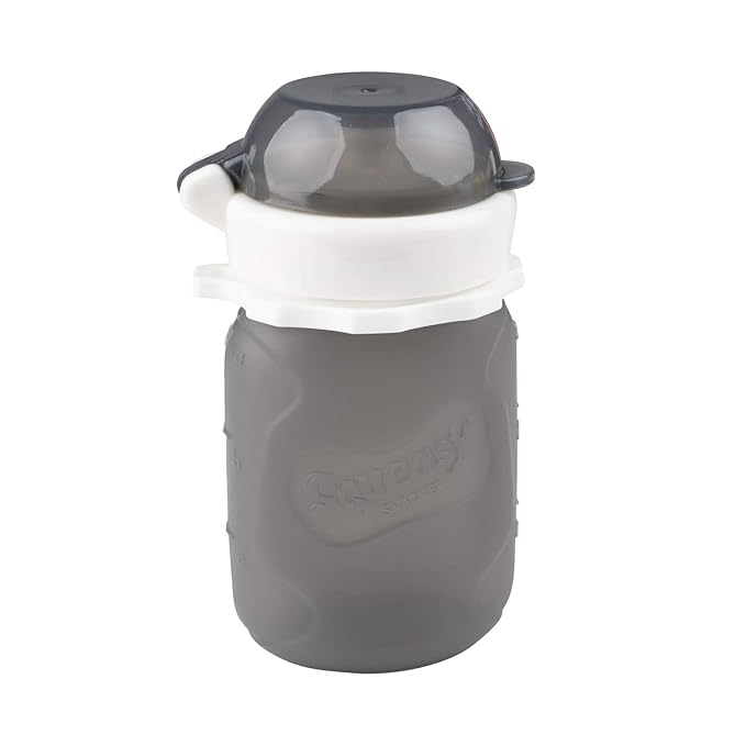 Grey 3.5 oz Squeasy Snacker Spill Proof Silicone Reusable Food Pouch - for Both Soft Foods and Liquids - Water, Apple Sauce, Yogurt, Smoothies, Baby Food - Dishwasher Safe