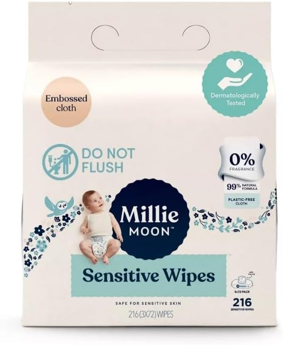 Millie Moon Sensitive Wipes (216 Count)-3 Packs of 72 Wipes(1Box)