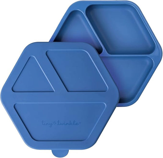 Tiny Twinkle Silicone Suction Baby Plate, Suction Grip Divided Dish for First Foods and Self-Feeding Toddlers, Baby Led Weaning Supplies for Independent Eating (Indigo Plate with Lid)