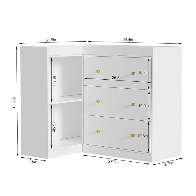 PAKASEPT Modern Nursery Changing Table, Corner Baby Dressing Table with 3 Drawers and 2 Open Shelves, Multi Functional Diaper Changing Station for Children's Rooms,Nursery