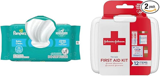 Pampers Baby Wipes, Baby Fresh Scented, 1 Flip-Top Pack (72 Wipes Total) & Johnson & Johnson First Aid To Go Kit (Set of 12 Pieces)