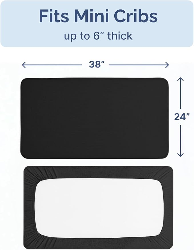 2-Pack Mini Crib Sheets Fitted - Pack N Play Sheets for Pack and Play Mattress - Stretchy Soft Microfiber Playard Bedding - Mini Toddler Bed Cover for Boys & Girls - Oeko-Tex - 38 x 24in, Black Duo
