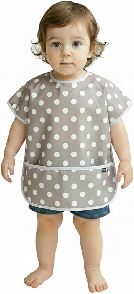 Plie Short Sleeve Waterproof Bib for Toddlers – Easy Clean Feeding Apron for Mealtime, Daycare, Self-Feeding, Lightweight