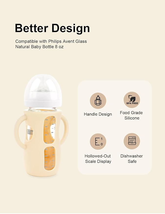 4-Pack Silicone Sleeves for Philips Avent Glass Bottles, BPA-Free Drop-Resistant Baby Bottle Sleeves with Handles, Compatible with Philips Avent Natural Glass Baby Bottles