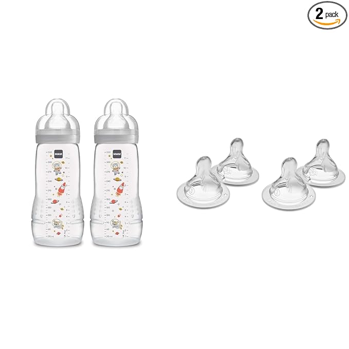 MAM Easy Active Bottle 11 oz (2-Count), Fast Flow Bottles, 4+ Month, Unisex, Gray & Bottle Nipples Fast Flow Nipple Level 3, for 4+ Months, SkinSoft Silicone Nipples
