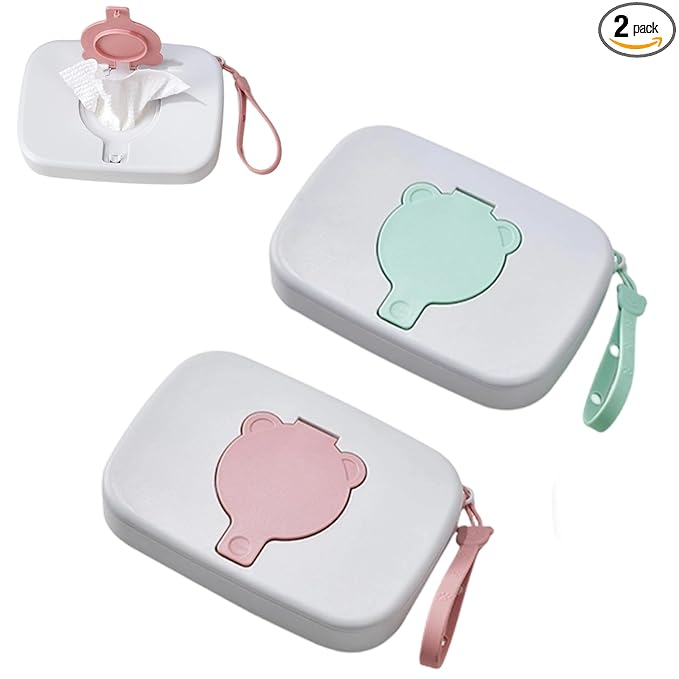 PandaEar 2 Pack Portable Baby Wipes Dispenser | Refillable Wet Wipe Case with Secure Lid and Carrying Strap for Travel, Diaper Bag, Car, and Nursery, Bear, Pink/Green