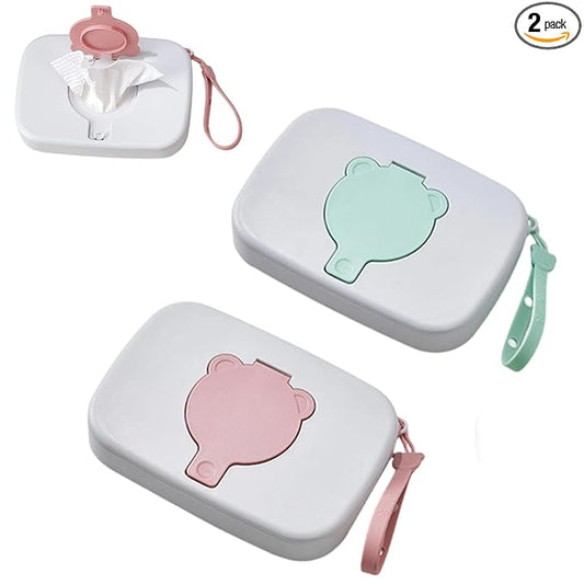 PandaEar 2 Pack Portable Baby Wipes Dispenser | Refillable Wet Wipe Case with Secure Lid and Carrying Strap for Travel, Diaper Bag, Car, and Nursery, Bear, Pink/Green