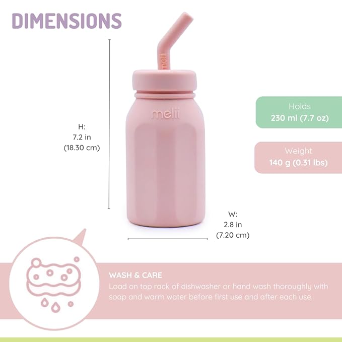 Silicone Water Bottle with Straw for Babies, Toddlers & Kids, BPA Free, Pink
