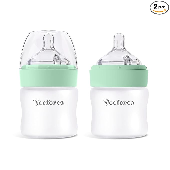 Yooforea Silicone Coated Glass Baby Bottle, 0M+ Slow Flow Nipple I Anti-Colic, Wide Neck, Stable Base I Medical-Grade Silicone Coating for Shatter Protection, BPA BPS PVC Free (2 Pack, 3 Ounce-Tea)