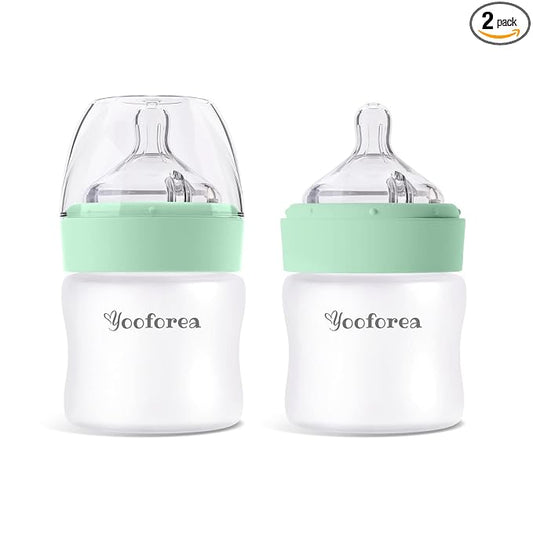 Yooforea Silicone Coated Glass Baby Bottle, 0M+ Slow Flow Nipple I Anti-Colic, Wide Neck, Stable Base I Medical-Grade Silicone Coating for Shatter Protection, BPA BPS PVC Free (2 Pack, 3 Ounce-Tea)