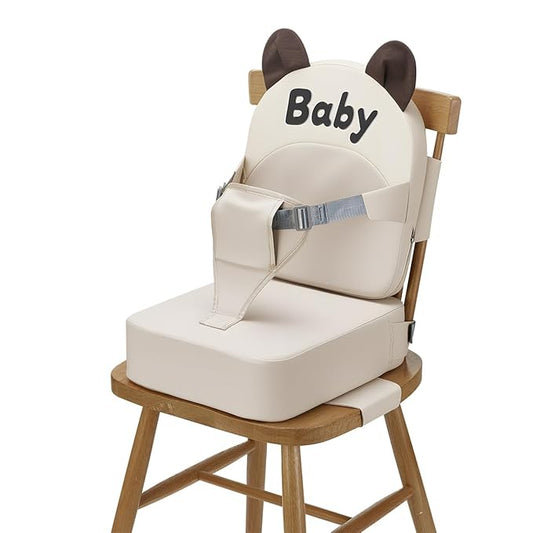 Booster Seat for Dining Table, Toddler Booster Seat for Dining Table, Kids Boys Girls Portable PU Waterproof Travel Baby Boosters Increasing Cushion with Backrest and Adjustable Strap (White, Onesize)