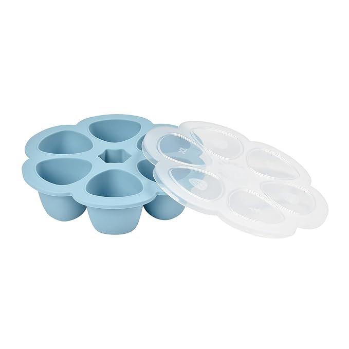 Beaba Multiportions Silicone Baby Food Freezer Tray w/ Clip On Lid, Baby Food Storage Container Ice Cube Tray Maker for Homemade Baby Food, Rain, 3 oz