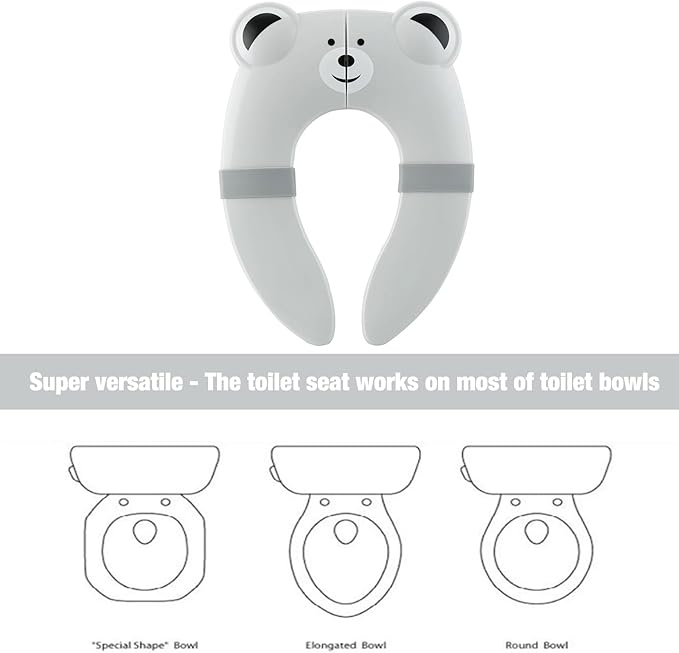 PandaEar Toilet Seat Cover | Folding Travel Toilet Seat for Children and Potty Training | Portable Silicone Toilet Seat for Toddlers, Boys & Girls with Non-Slip Silicone Pads -Grey Bear