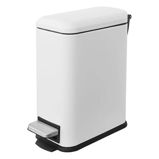 Small Bathroom Trash Can with Lid, 5L/ 1.3 Gallon Trash Can with Removable Inner Bucket, Slim Trash Can with Soft Close lid, Stainless Steel Step Pedal Garbage Can for Bathroom, Office, White