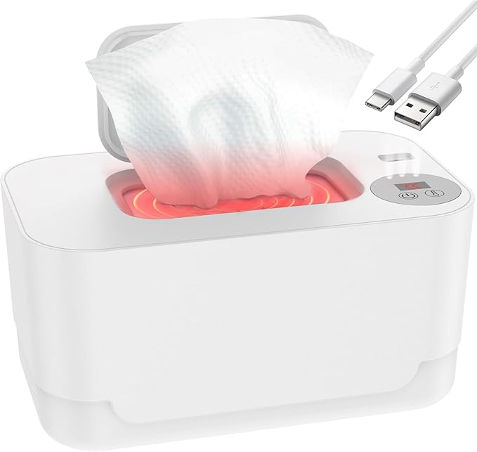 Baby Wipe Warmer with LED Light, 104-131°F Adjustable Baby Wipe Warmer Dispenser Portable Wipe Heater Warmer USB Powered Wet Wipes Warmer D Keeps Wipes Warm and Moist for Baby(White)