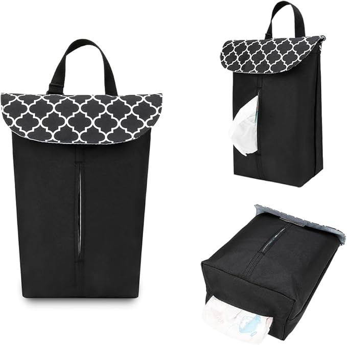 MOMIGO Wet Dry Bags for Baby Wipes Diapers - Reusable, Washable for Stroller, Diapers, Toiletries with Wipes and Diapers Drawing Opening (Black)