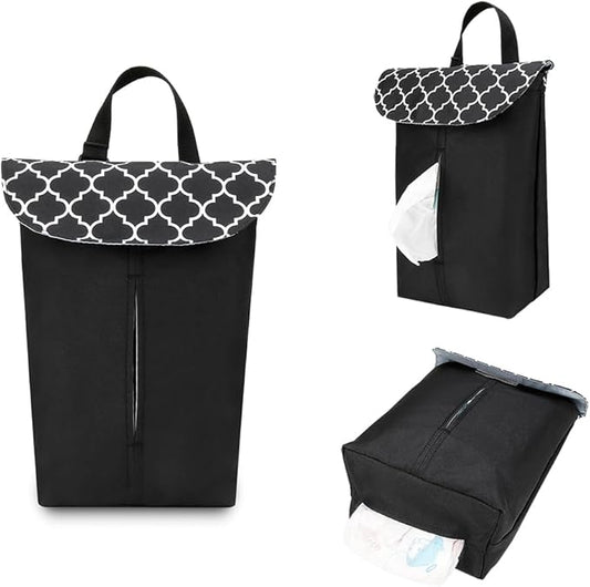 MOMIGO Wet Dry Bags for Baby Wipes Diapers - Reusable, Washable for Stroller, Diapers, Toiletries with Wipes and Diapers Drawing Opening (Black)