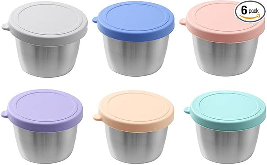 PandaEar 6 Pack 2.4 oz Stainless Steel Condiment Containers with Leakproof Silicone Lids, Reusable Small Sauce Cups for Salad Dressing, Lunch Box, Travel & Meal Prep, Dishwasher & Freezer Safe