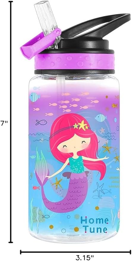 15oz Water Bottle for Kids Girls Boys School, BPA Free, Leak Proof Flip Straw, Carry Loop, Easy Clean - Mermaid