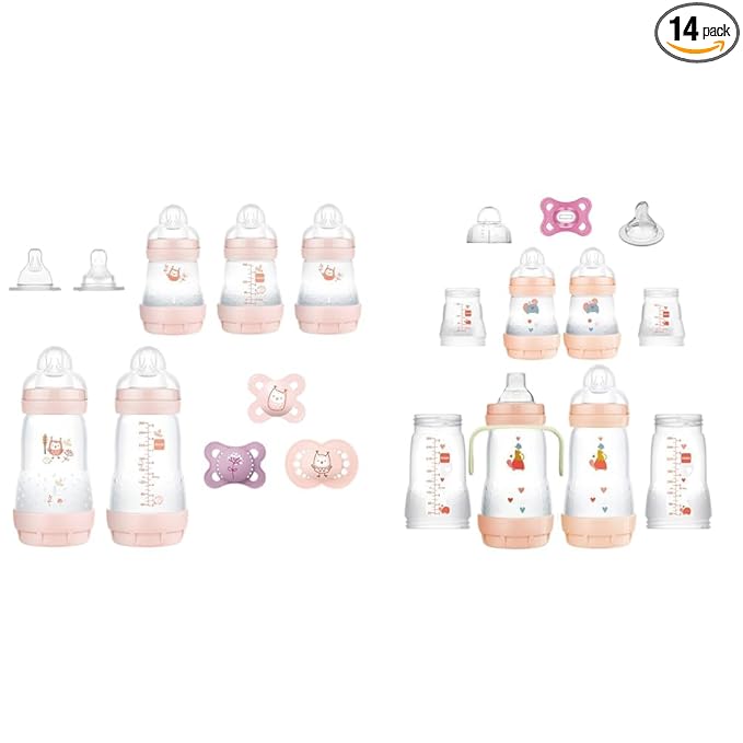 MAM Newborn Essentials "Baby Essentials" Matte Gift Set (9-Piece), Easy Start Anti-Colic Baby Bottles, Baby Pacifiers, Girl & Grow with Baby 15-Piece Gift Set, Newborn 0-4 Months